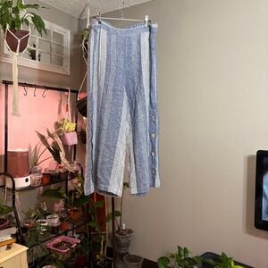 Striped Cropped Wide Leg Pants Blue White Button Accent Casual Trendy‎